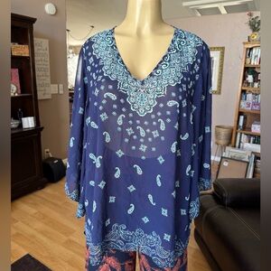 Belle Kim Gravel sheer blue & white 3/4 sleeves Vneck blouse/size XL